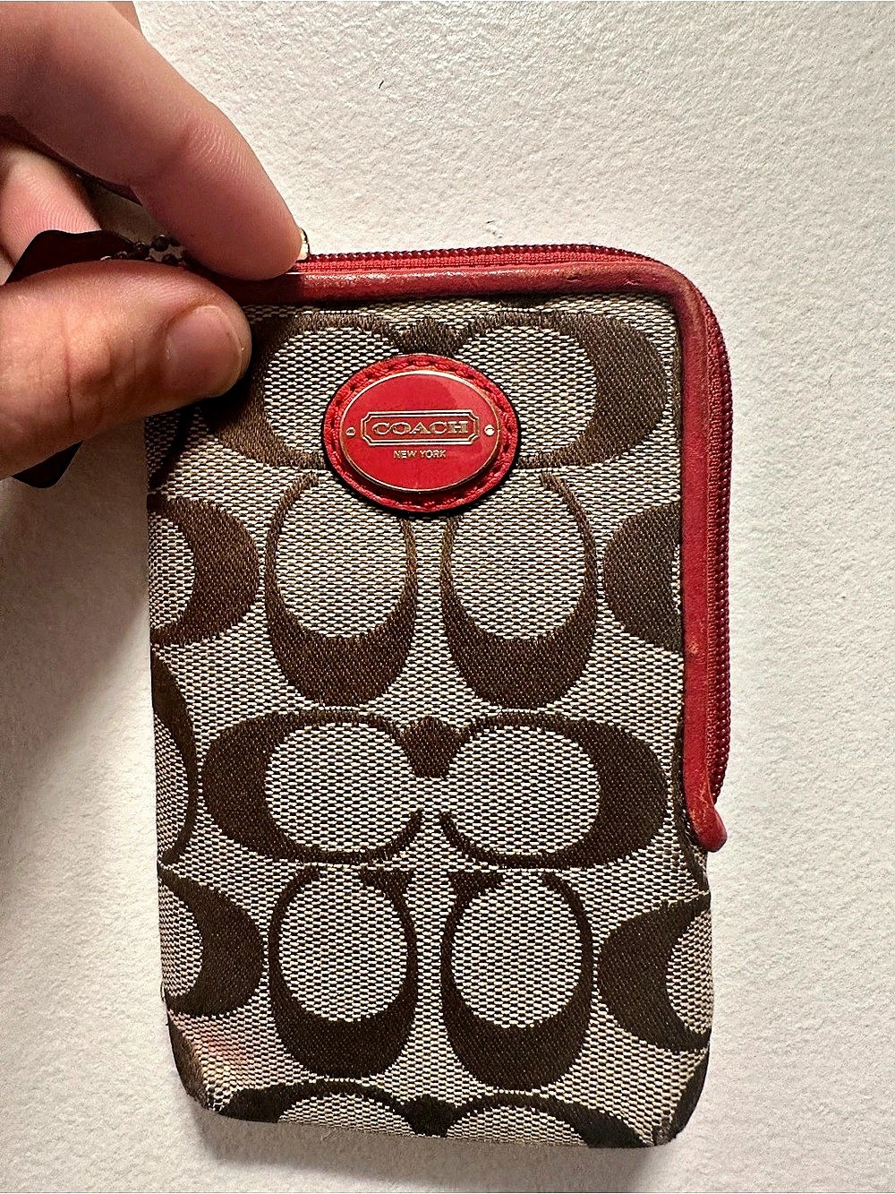 Coach Signature C Universal Phone Case Wristlet Khaki Red Leather Y2K